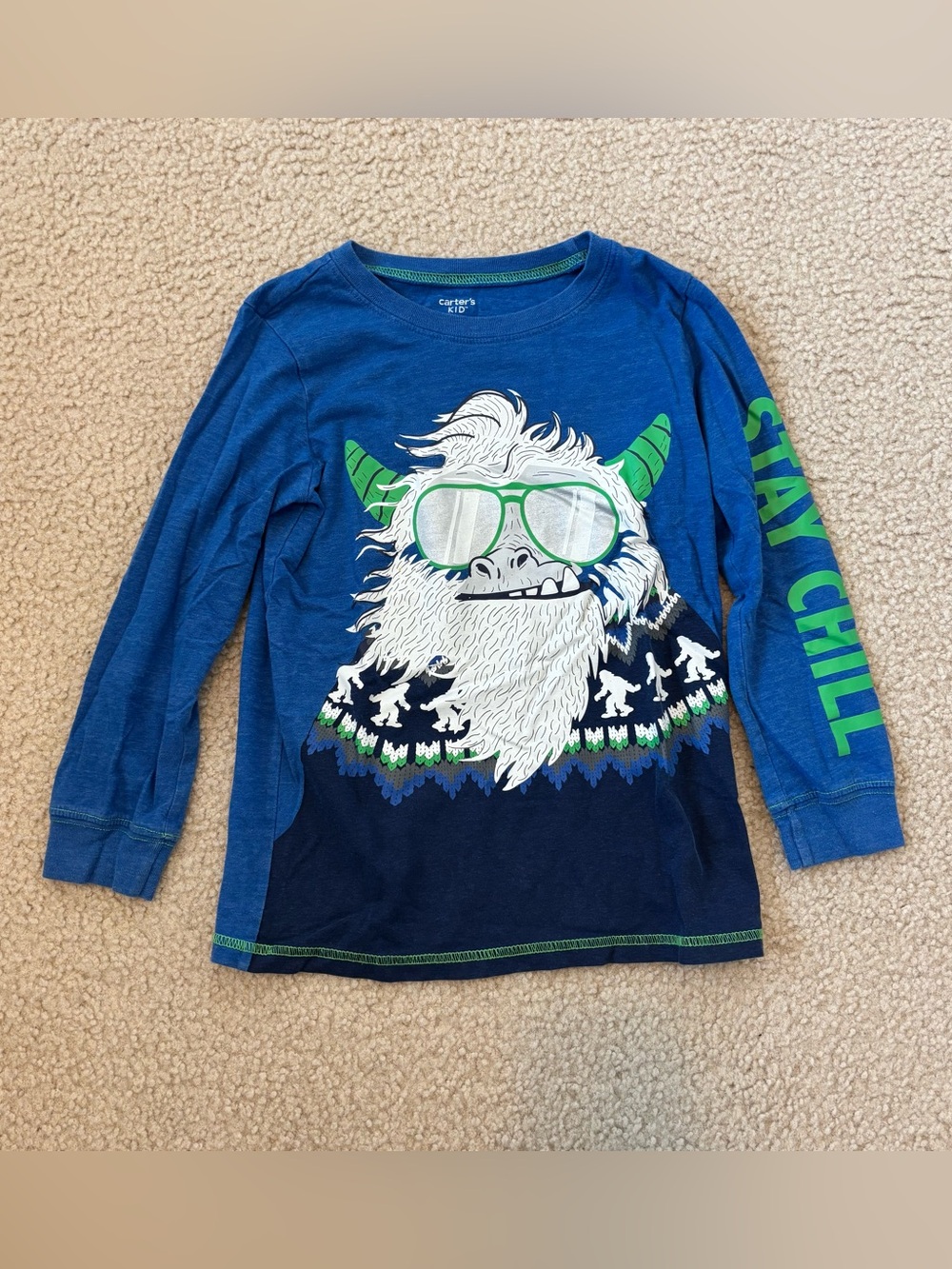 Carter's Boys Abominable Snowman/Yeti Blue Long Sleeve Tee Size 7